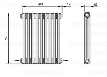 Схема (чертеж) Радиатор Zehnder Charleston 2075/9 №2670 Белый глянцевый RAL 9016